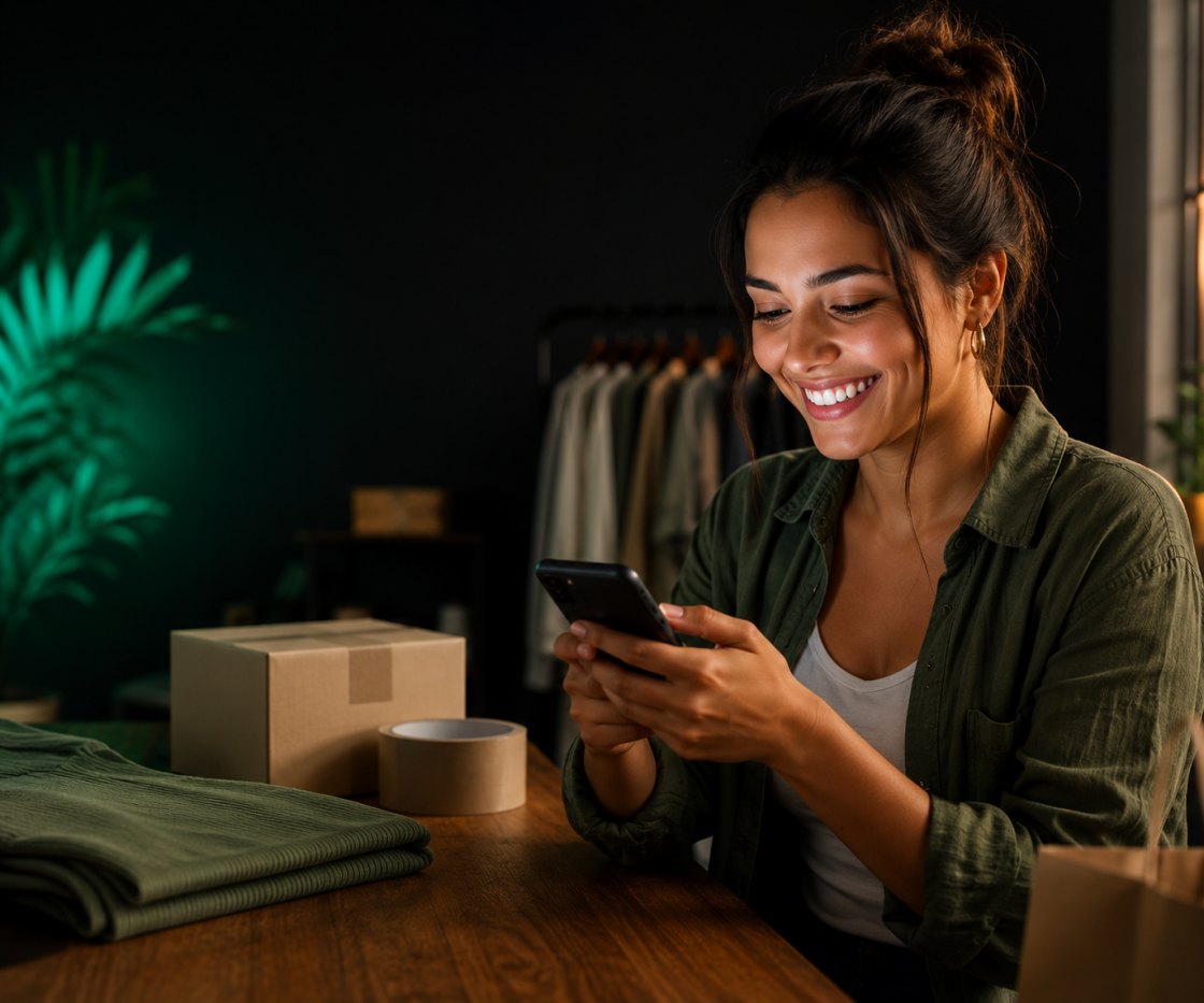 Pessoa vendendo pelo celular com o catálogo do Vendaço